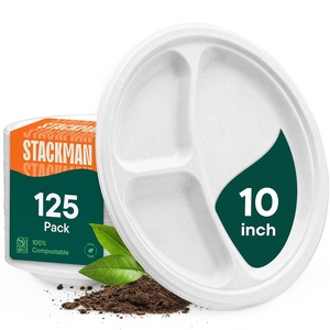 image:image100 Compostable 3 Compartment 10Inch Disposable Paper Plates 125Pack Sectional Lunch Trays  Dividers  Divided Platter Tray  Heavy Duty Biodegradable Bagasse BPACertified PFASFree