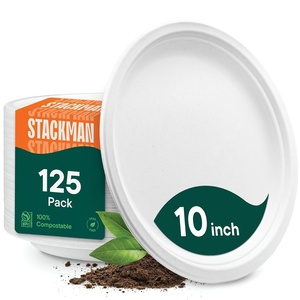image:image100 Compostable Disposable Paper Plates 125Pack  PFASFree  10 Inch Heavy Duty EcoFriendly Biodegradable Bagasse Dinner Plates  Natural Brown 10 Plate by Stack Man BPI Certified