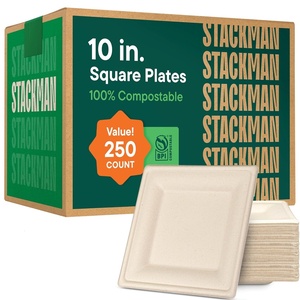 image:image100 Compostable Square Paper Plates 8 inch 500Bulk Pack  PFASFree  BPI Certified Heavy Duty EcoFriendly Biodegradable Bagasse Dinner Plates  Natural Brown 8x8 Plate10 Square  250 Pack