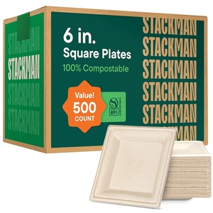 image:image100 Compostable Square Paper Plates 8 inch 500Bulk Pack  PFASFree  BPI Certified Heavy Duty EcoFriendly Biodegradable Bagasse Dinner Plates  Natural Brown 8x8 Plate6 Square  500 Pack