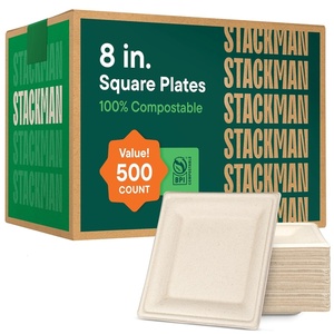 image:image100 Compostable Square Paper Plates 8 inch 500Bulk Pack  PFASFree  BPI Certified Heavy Duty EcoFriendly Biodegradable Bagasse Dinner Plates  Natural Brown 8x8 Plate8 Square  500 Pack