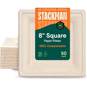 image:imageStack Man 100 Compostable Oval Paper Plates 50Pack Heavy Duty 10 Inch EcoFriendly Biodegradable Bagasse Dinner Platters  Natural Brown 10 Oval Plates PFASFree BPI Certified8 Square