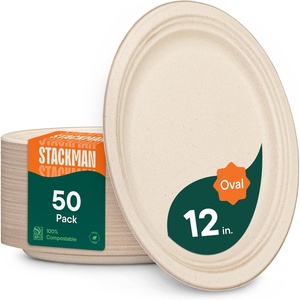 image:imageStack Man 100 Compostable Oval Paper Plates 50Pack Heavy Duty 10 Inch EcoFriendly Biodegradable Bagasse Dinner Platters  Natural Brown 10 Oval Plates PFASFree BPI CertifiedOval 125