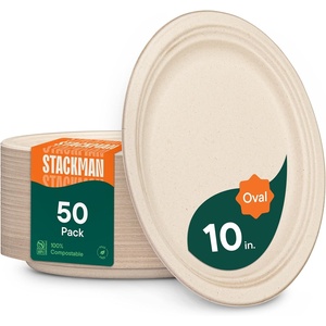 image:imageStack Man 100 Compostable Oval Paper Plates 50Pack Heavy Duty 10 Inch EcoFriendly Biodegradable Bagasse Dinner Platters  Natural Brown 10 Oval Plates PFASFree BPI Certified10 Oval